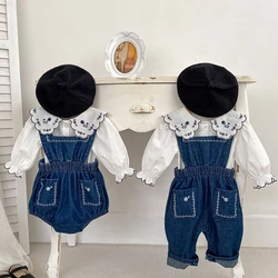 2024 New Spring Toddler Baby Girl Clothes Suit Long Sleeved Cotton Embroidered Shirt+Denim Jumpsuit Children Clothes Set