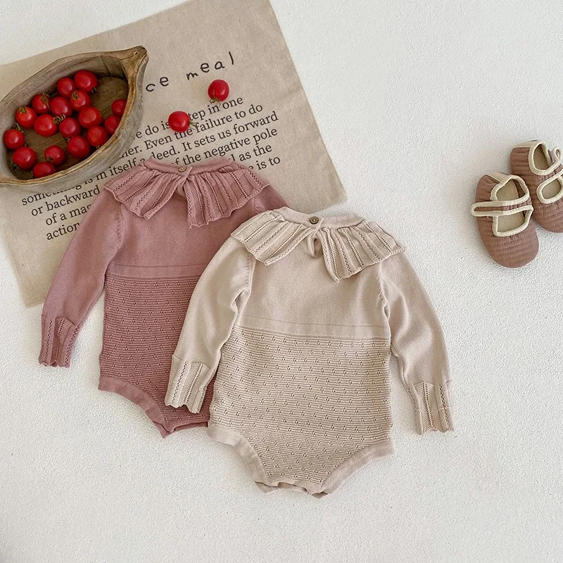 

Весенне-осенний тонкий вязаный комбинезон для малышей с воротником-рюшем, длинными рукавами, для ползания, треугольный крой