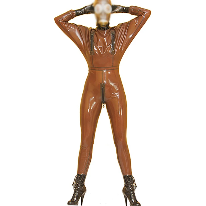 Brown Sexy Latex Catsuit With Crotch To Back And Breast Zippers Rubber Bodysuit Overall Zentai Body Suit Without Gloves LTY-0351