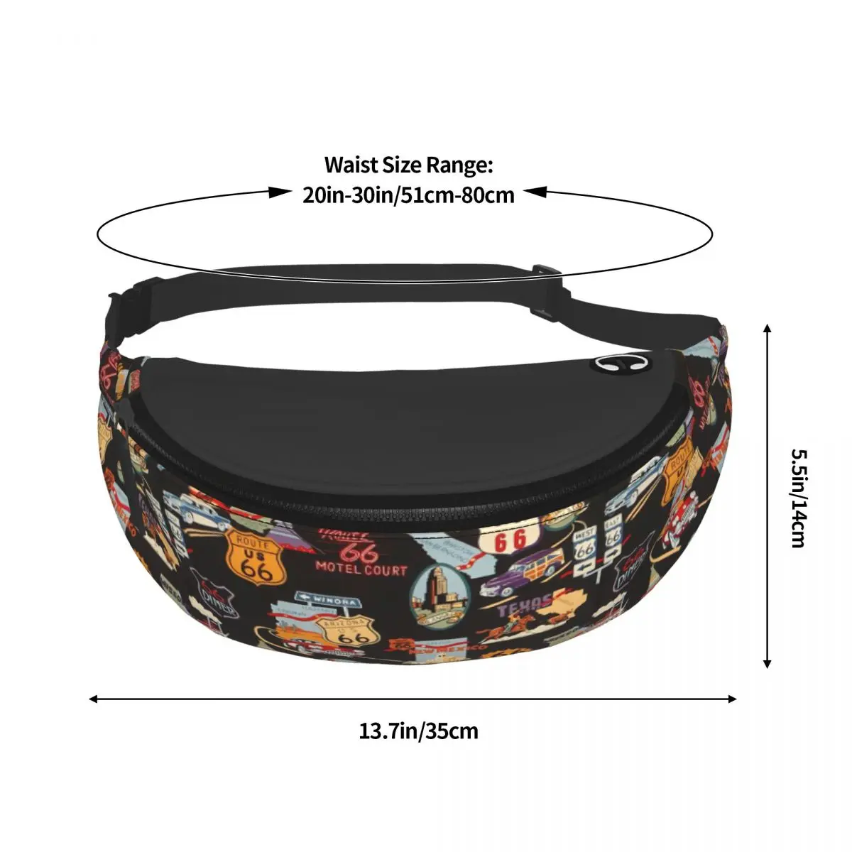 Retro Route 66 sinais Fanny Pack para homens e mulheres, bolsa de cintura crossbody para acampar, bicicleta, bolsa de dinheiro para telefone, viagem, moda