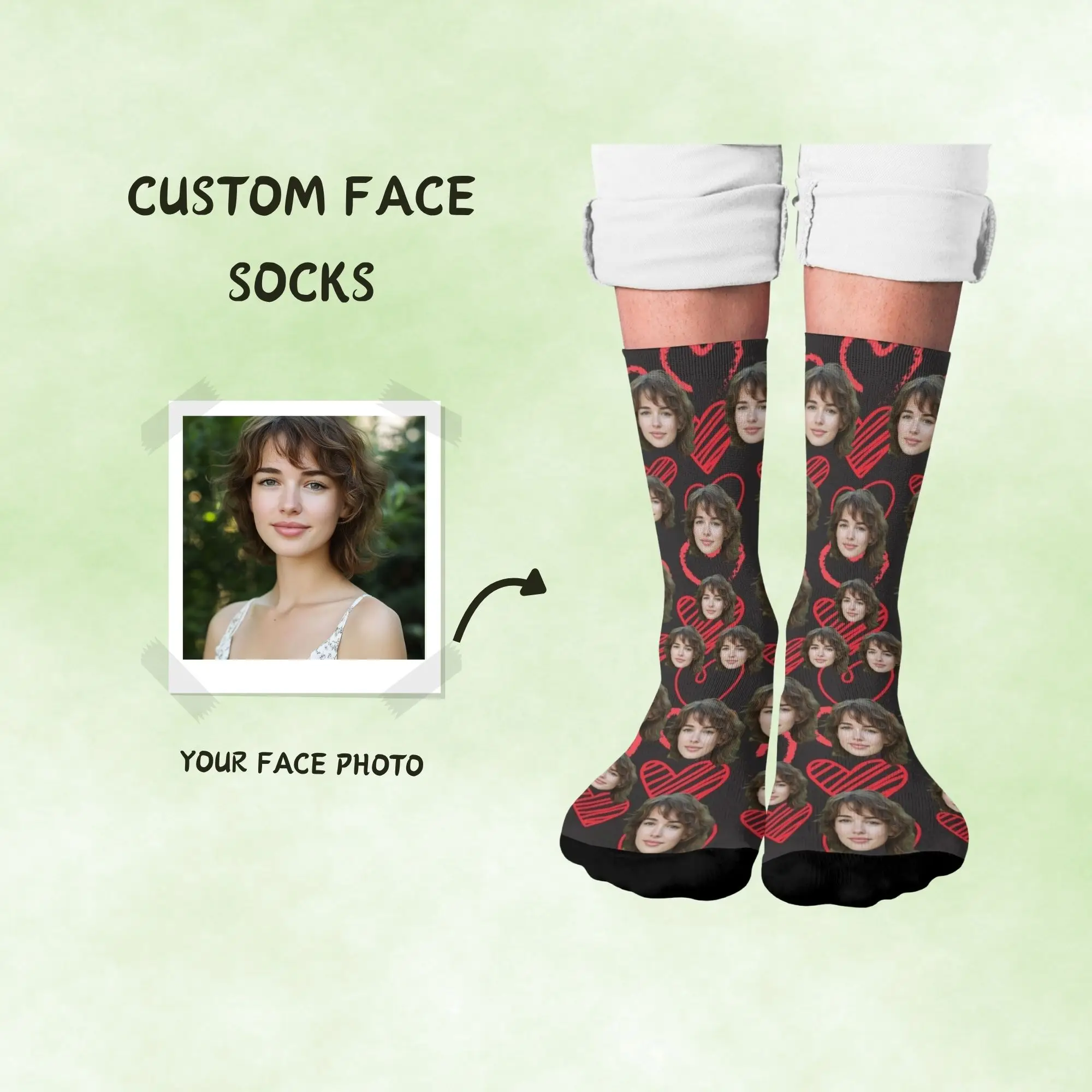 

Dark Romantic Custom Love Socks Personalized Face Red Hearts on Black Unique Gift for Girlfriend or Wife Valentine’s Day