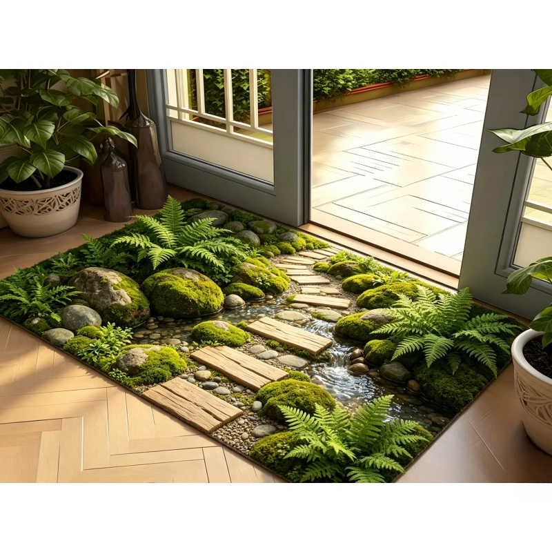 Zen Moss Garden Rectangular Carpet Fern Rock Stream Wooden Path Japanese Nature Design Area Rug for Entryway Indoor Home Decor
