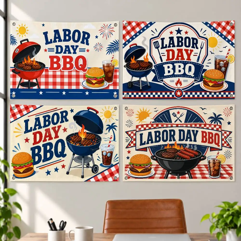 Labor Day Barbecue Gathering Aesthetic Wall Tapestry Flag Printed Wall Hanging Living Room Party Outdoor Decor