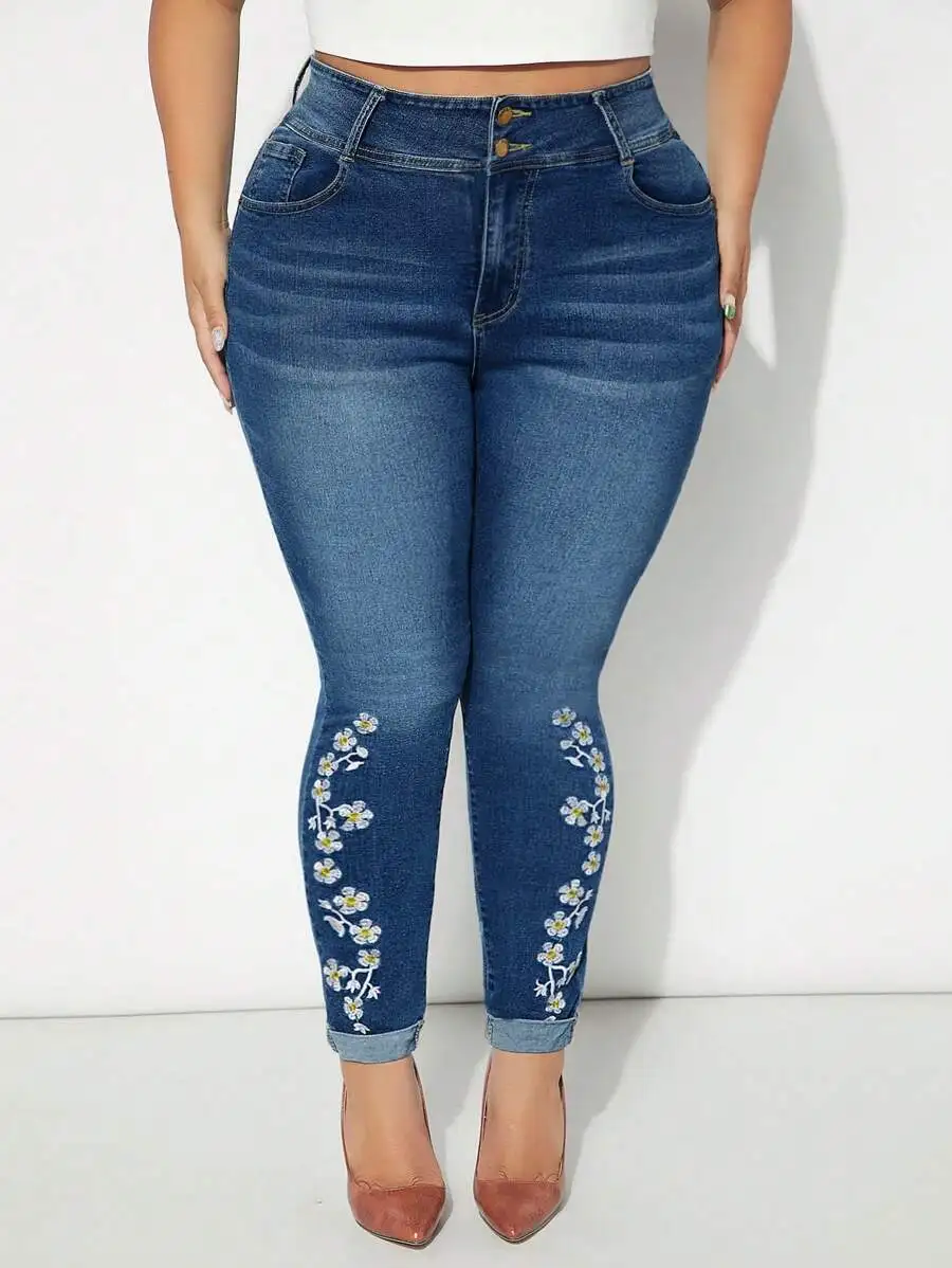 

Floral Embroidery Skinny Jeans For Women High Waist Denim Pants