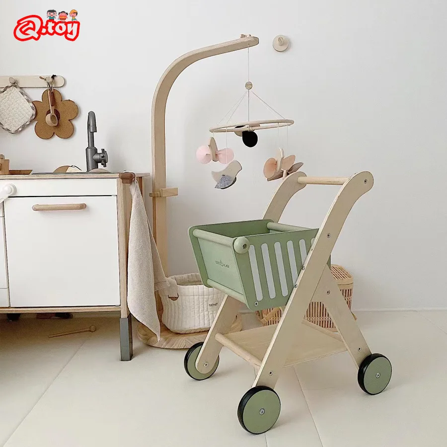 Montessori Kid Shopping Basket Toys Wood Supermarket Trolley Toy Mini Shopping Cart Role Play Pretend Play Toy For Kids Children