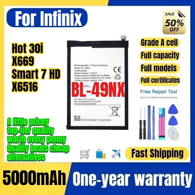 BL-49NX for Tecno Infinix Hot 30i/X669/Smart 7 HD/X6516 Phone Battery High Capacity Replacement Bateria Grade A Cell with Tools