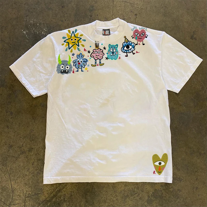 Heavyweight Pure Cotton Short Sleeve T-Shirt Fun Graffiti Print Loose Versatile Fit for Spring Summer by Xiao Chen Story Multi
