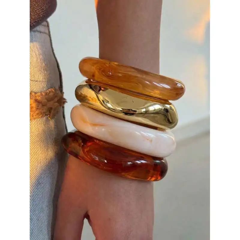 4pcs Women Wide Chunky Stackable Bangle Vintage Marble Swirl Resin Acrylic Bracelet Daily Jewelry Gift