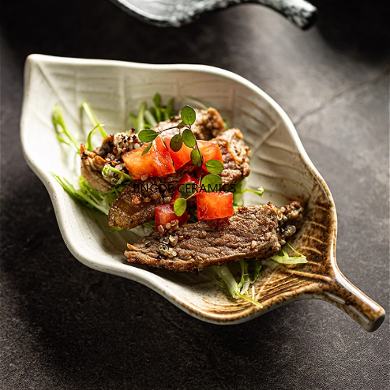

1pc Ceramic Leaf Tray Restaurant Specialty Dishes Plates Hotel Kitchen Utensils Western Restaurant Design Plate Leaf Shaped Disc