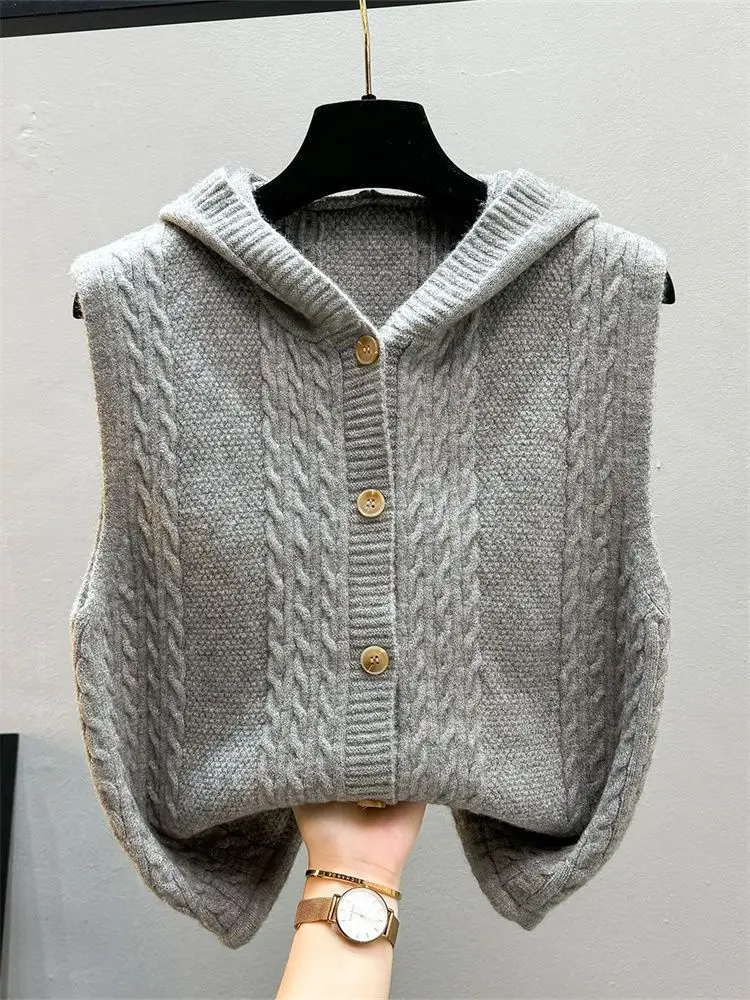 2026 Women Hooded Cable Knit Vest Sleeveless Cardigan Open Front Sweater Waistcoat Casual Fall Winter Outwear