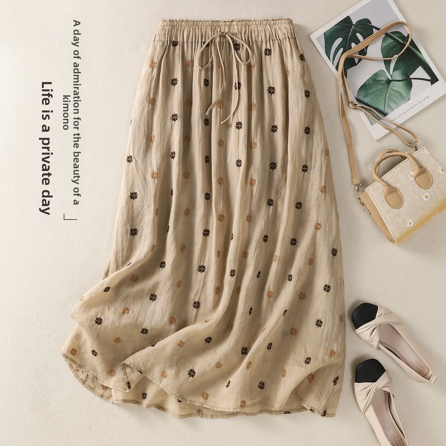 

Художественная вышитая юбка из конопли с высокой талией, большие размеры, женская модная юбка с эластичной резинкой на талии, тонкая длинная юбка трапециевидной формы