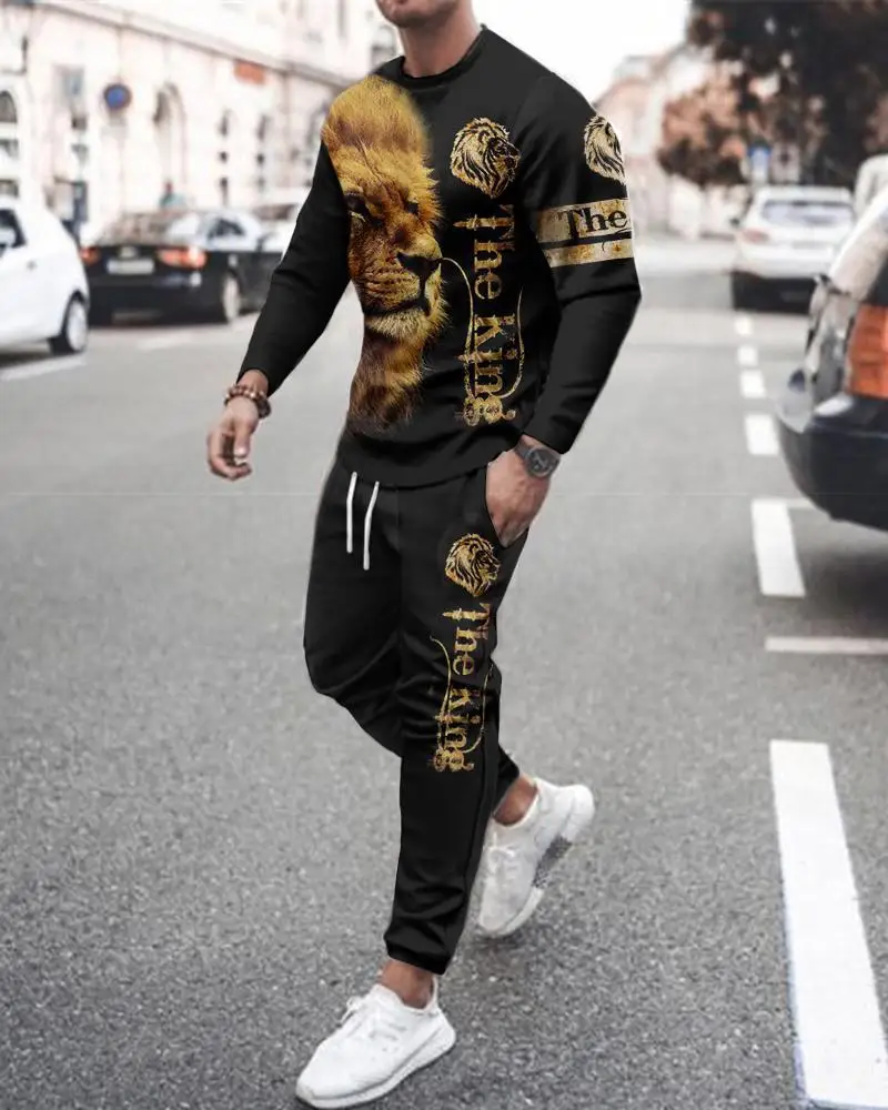 Autumn Men's T Shirt Set Urban Jogging 3D Fierce Lion Printing Tracksuit Fashion Casual Streetwear Oversized Sportswear Suit