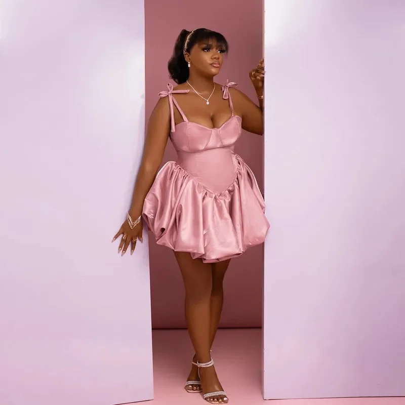 OEING Sweety Pink Short Bubble Women Dresses Lace Up Back A-line Mini African Girls Party Dress Many Color Available