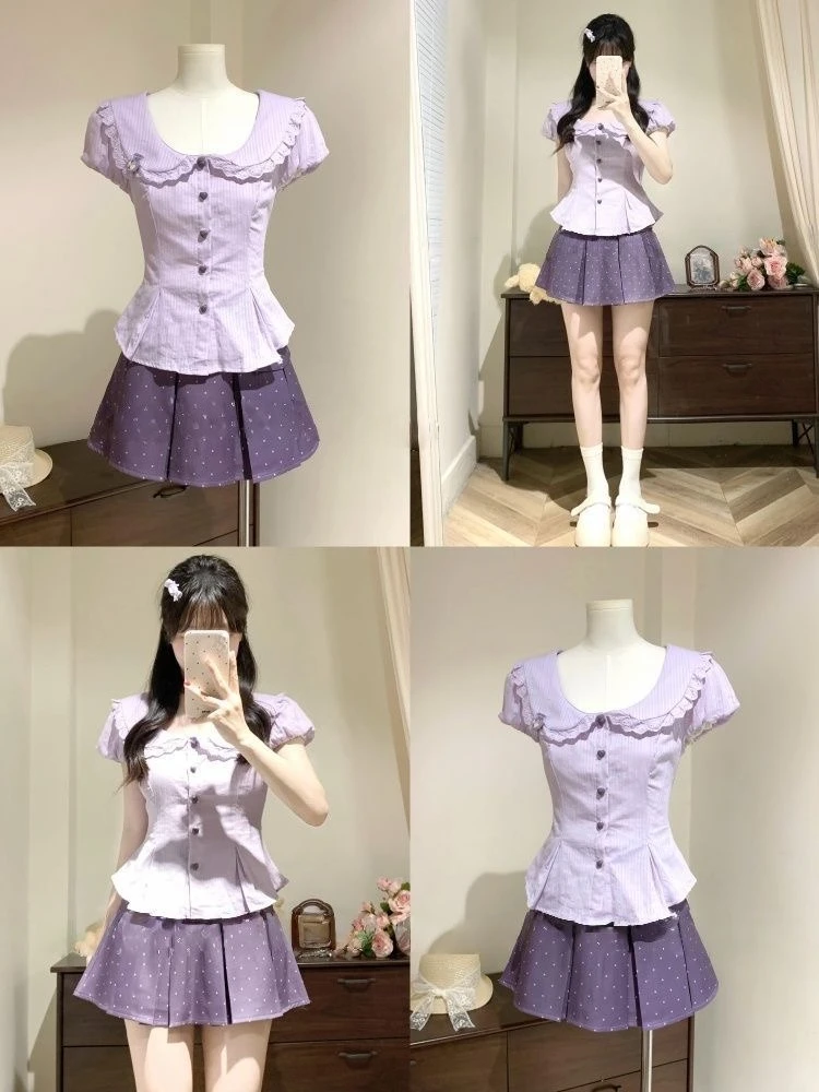 Y2k Japan Kawaii 2 Piece Skirt Set Women 2000s Harajuku Vintage Sweet Solid Suits Lolita Short Sleeve Top + Polka Dot Mini Skirt