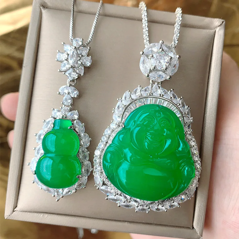 

New Chinese Style National Style Jewelry Gourd Buddha Green Chalcedony Necklace Pendant Peace Gourd Maitreya Buddha Necklace Cha