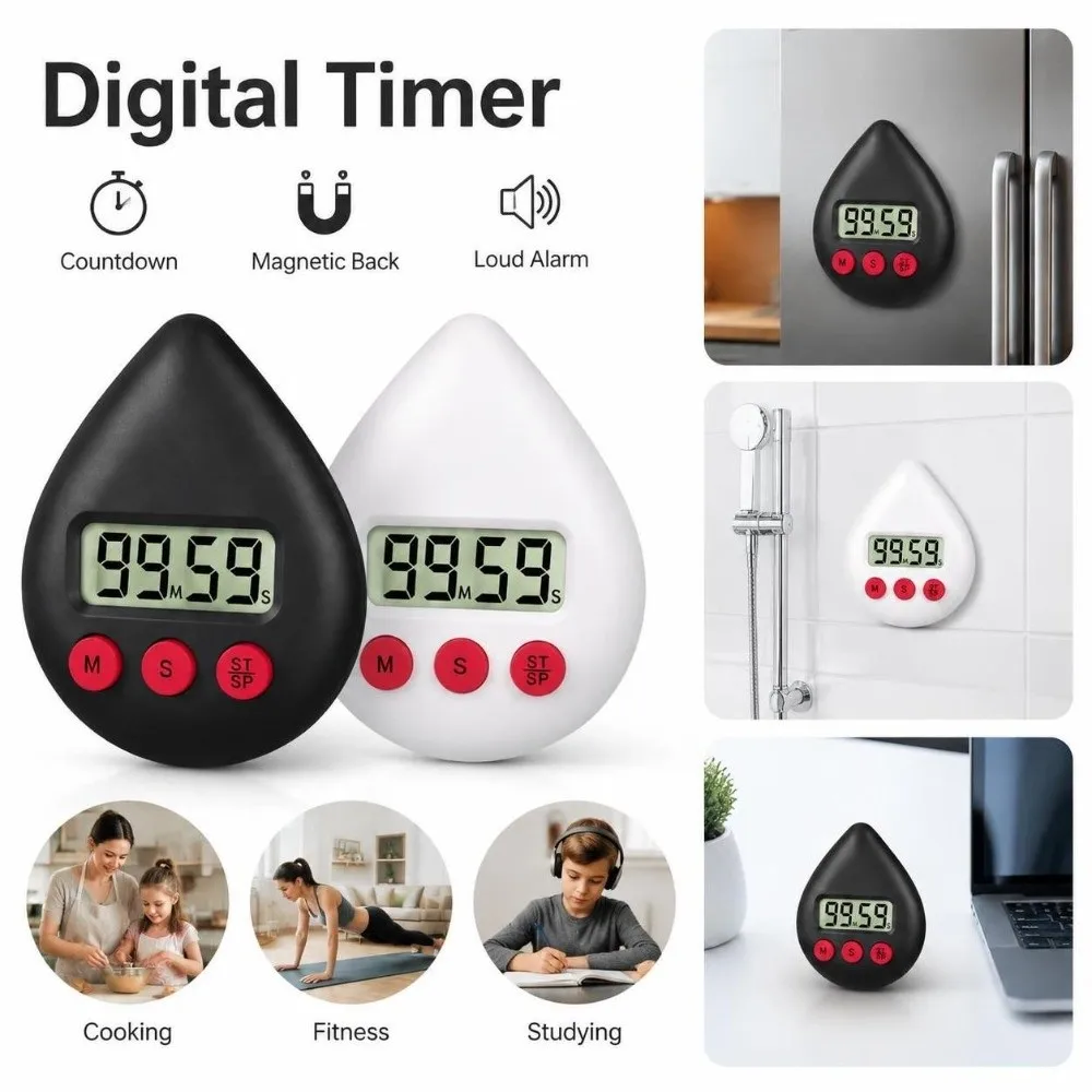 New Plastic Digital Timer Droplet Shape LCD Display Countdown Timer Button Control Audible Alert Cooking Timer Baking
