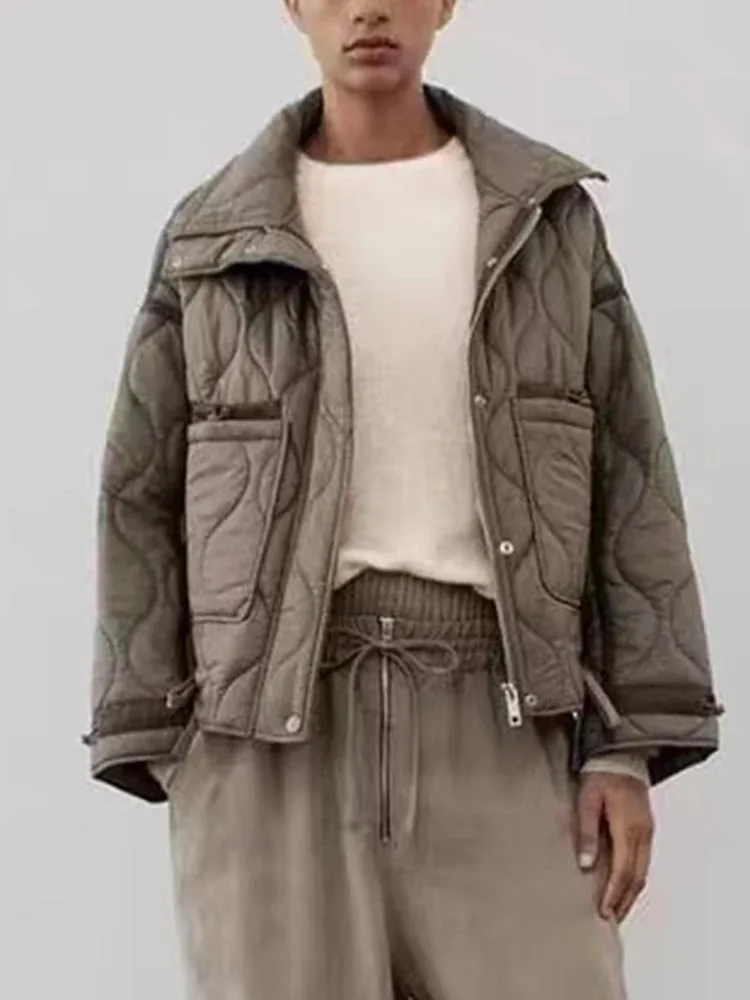 خريف شتاء جديد إمرأة موضة سترة قطن دافئة الوقوف طوق كم طويل الجبهة زيبر أزرار الإناث معطف خمر