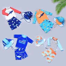 Children's Swimsuit Baby Boys Split Cartoon Dinosaur Sunscreen Long Sleeve Swimsuit Set Teenage Kids Boys Swimwear with Cap