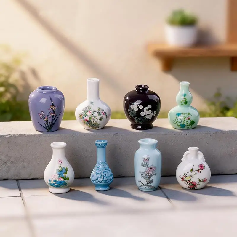 8Pcs Mini Vase Resin Figurine Imitation Porcelain Bottle Creative Micro Landscape Ornament DIY Home Desktop Decor Accessories