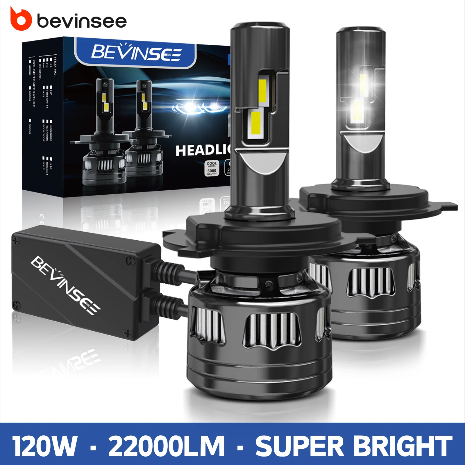 BEVINSEE H4 LED-Autoscheinwerferlampen, Fern- und Abblendlicht, 120 W, 22000 lm, H7 H11 9006 HB4 H1 LED-Leuchten für Auto, CANbus, kein Fehler, 6000 K, 12 V