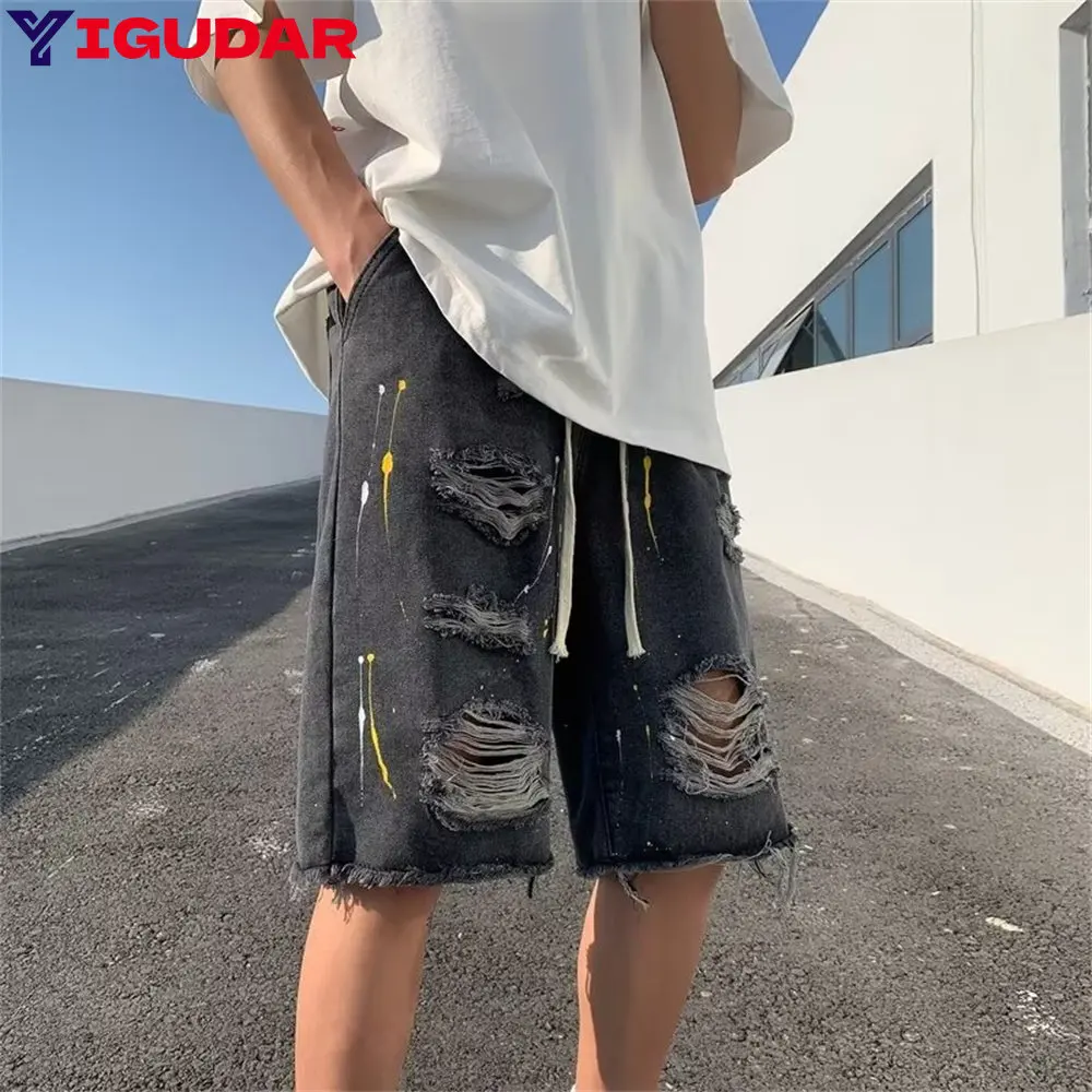 

Ripped denim shorts men's fifth pants trendy all-match men's loose woolen shorts Men's split stitching short jeans ropa hombre