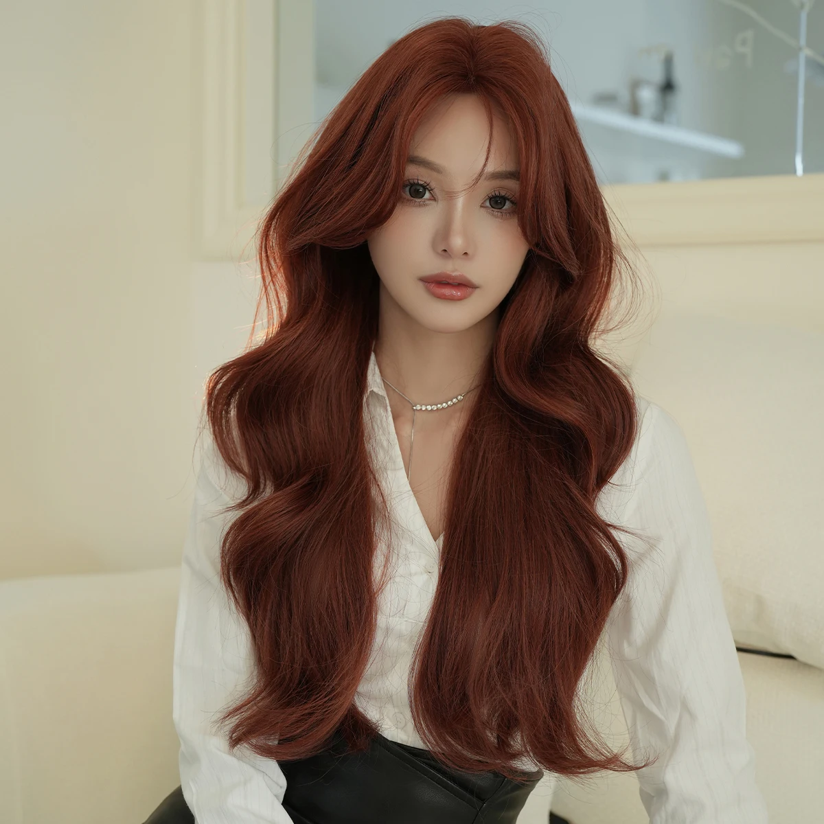 7JHH WIGS Long Body Wave Copper Wig for Women Synthetic Modest Fashion Middle Part Wear and Go Orange Wigs with Curtain Bangs - view 3