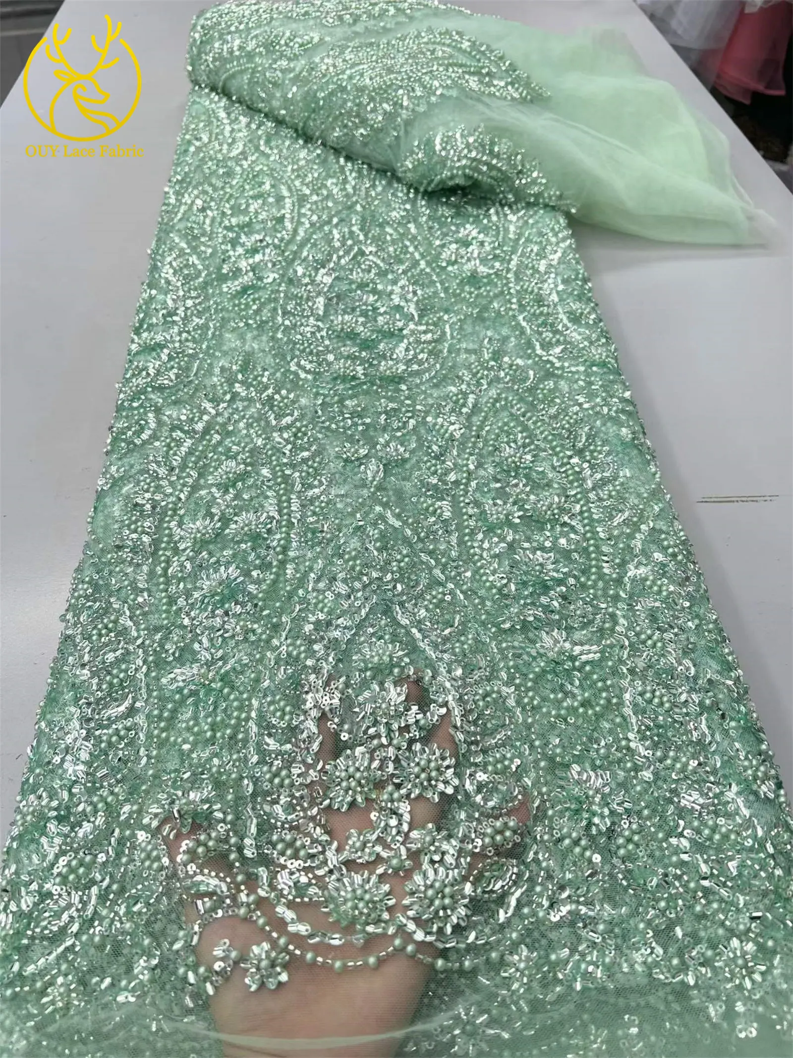 Nigerianischer Exquisiter Luxuriöser Spitzenstoff 2026, 5 Yards Afrikanischer Spitzenstoff mit Französischen Pailletten und Perlen, Tüllstoff für Kleider und Näharbeiten – Detail 10