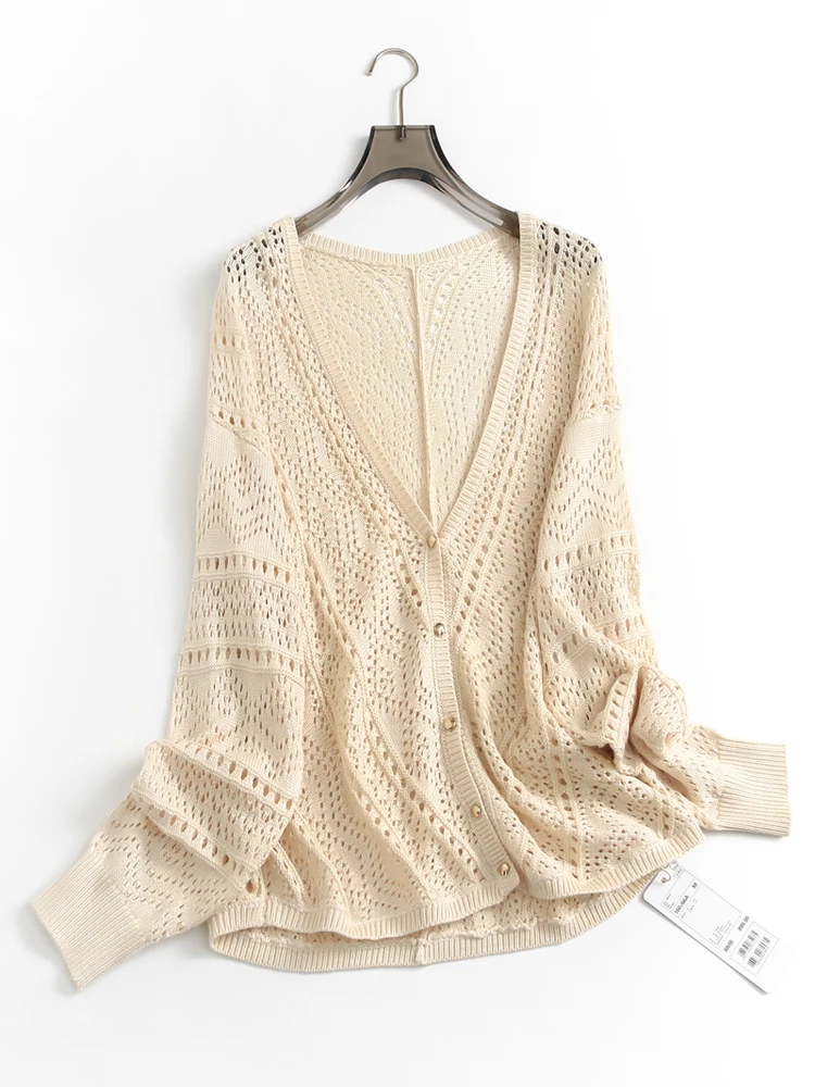 

Pure Color Hollow out Loose Thin V-Neck Button Cardigan Top Women's Knittedwear Air Conditioning Outerwear A295 Commute Style