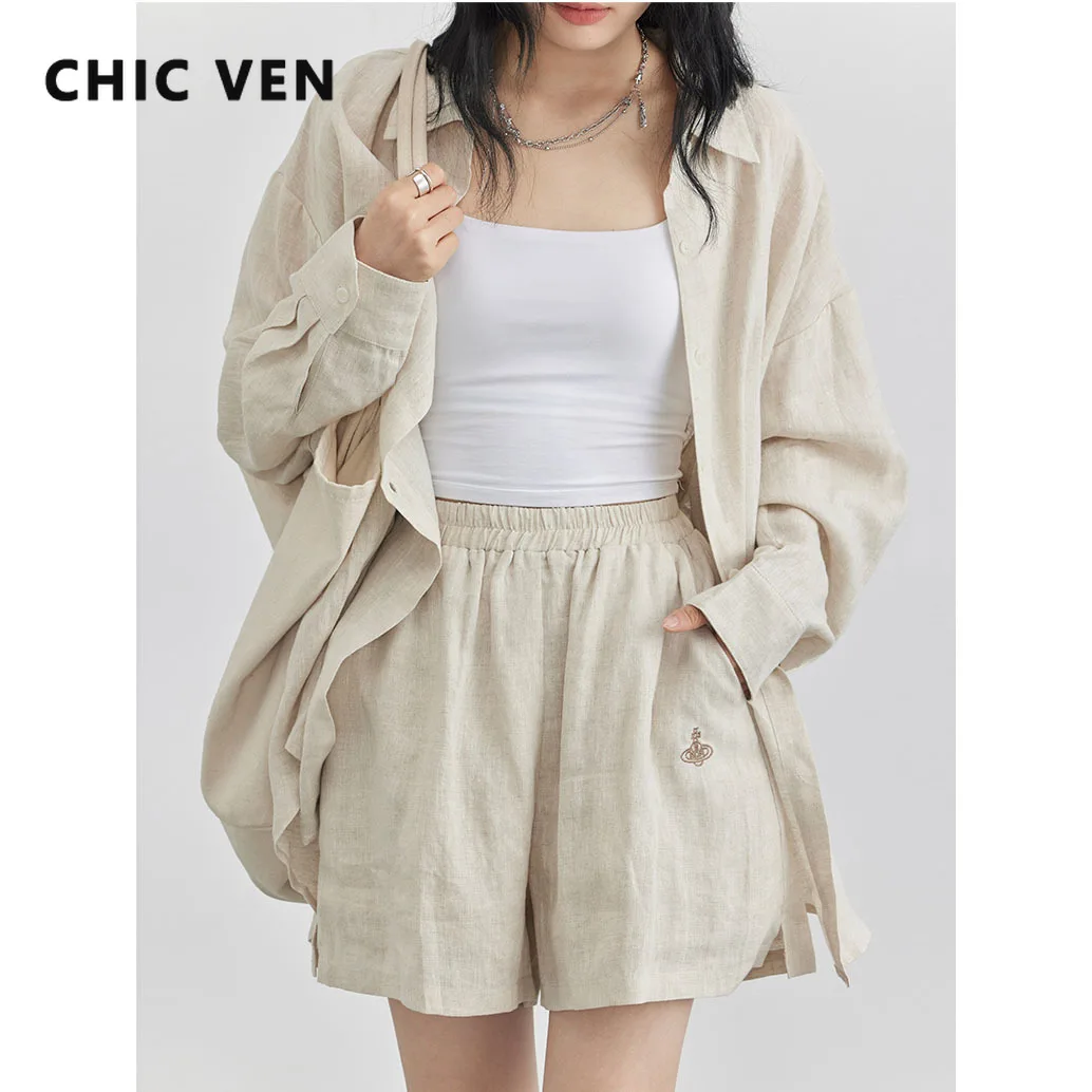 CHIC VEN Women Shirts Long Sleeve Solid Sun-protective Clothing Linen Blouses Female Coat Casual Shorts Spring Autumn 2024