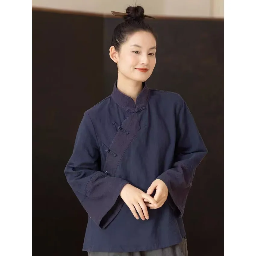 New Chinese Style Modified Shirt, Mandarin Collar with Diagonal Placket & Frog Buttons, Spring Casual Wear for Women