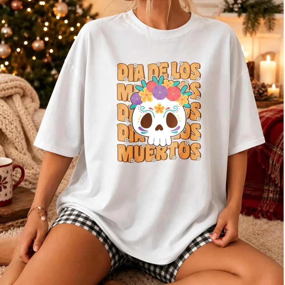Cute Dia De Los Muertos Sugar Skull Graphic T‑Shirt Retro Stacked Text Colorful Floral Calavera Mexican Folk Art Day Casual Tops