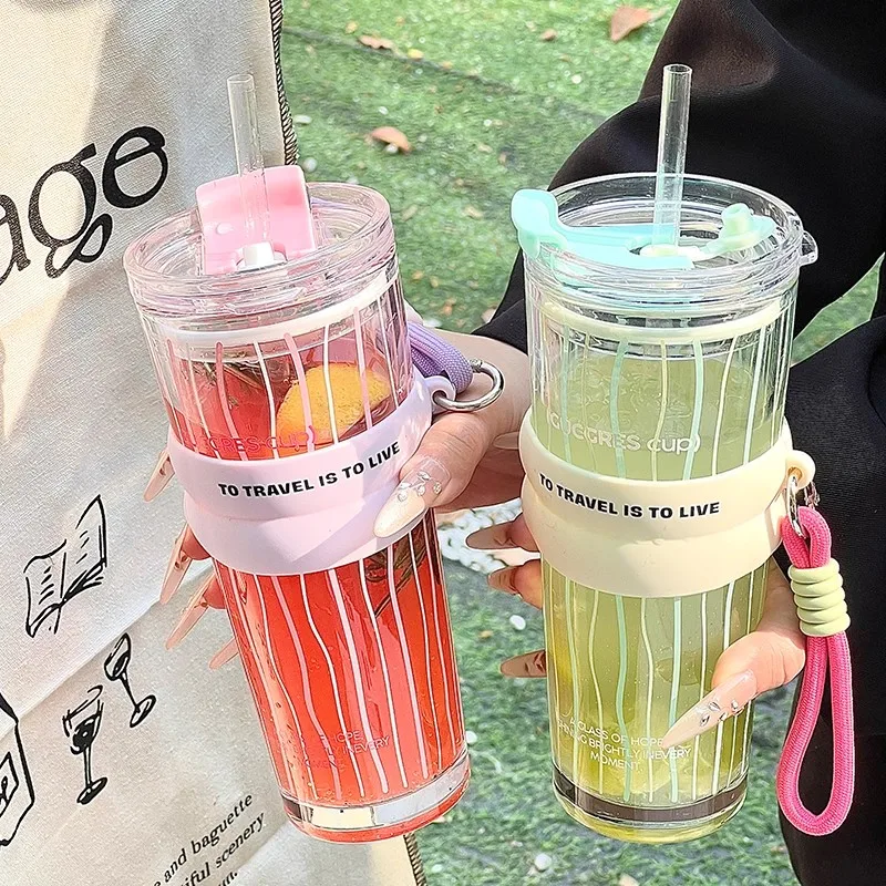 

520ML Transparent Glass Straw Water Bottle For Girls Large Capacity Women Household Office Matcha Coffee Ice Cup With Lid Sleeve