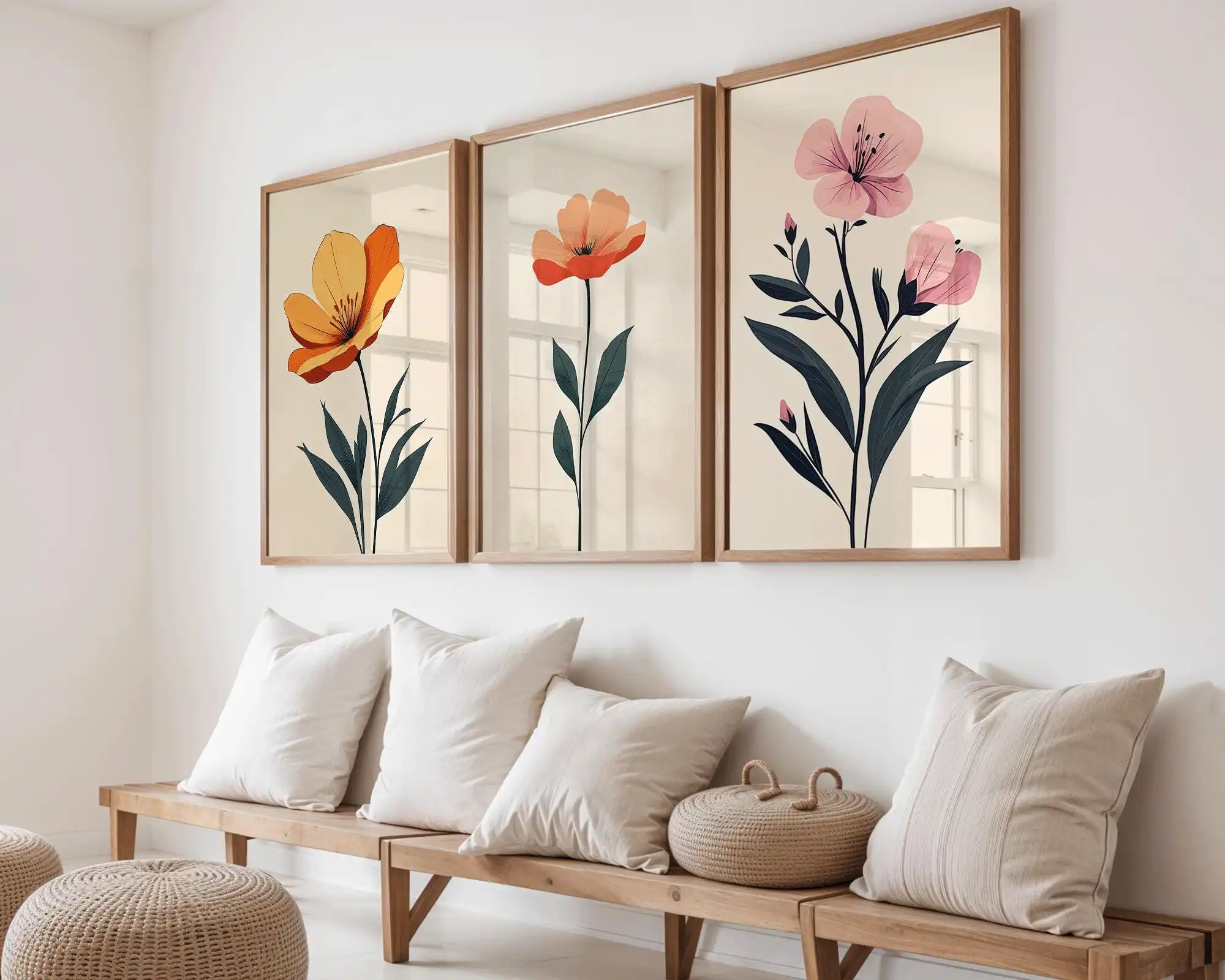 3pcs frameless Canvas Painting Minimalist Floral Wall Art Set, Boho Terracotta Pink Single Flower Botanical Canvas Prints,Scandi