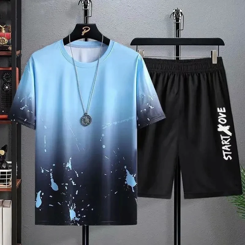 Men\'s Suit Gradient Summer Short Sleeve O-neck T-Shirt Set Fashion 2 Piece Streetwear 3D Printed Haweii Beach Shorts Sportswear