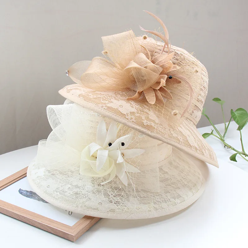

Women Lace Mesh Floral Formal Hat Foldable Outdoor Wide Brim Beach Sun Hat Summer Sun Protection Sunshade Bucket Hats