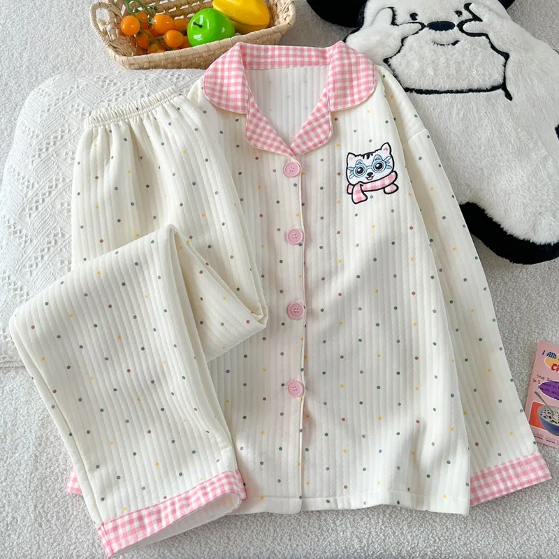 

Embroidery Cat Dot Sweet Cute Pajamas Set Autumn Winter New Casual 2025 2PC Set Women's Pajamas Lapel Neck Long Sleeve Sleepwear