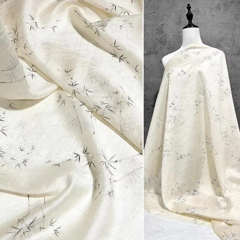 

Sleek black bamboo silk jacquard fabric, peach-colored floral base halter dress, Hanfu cardigan clothing fabric