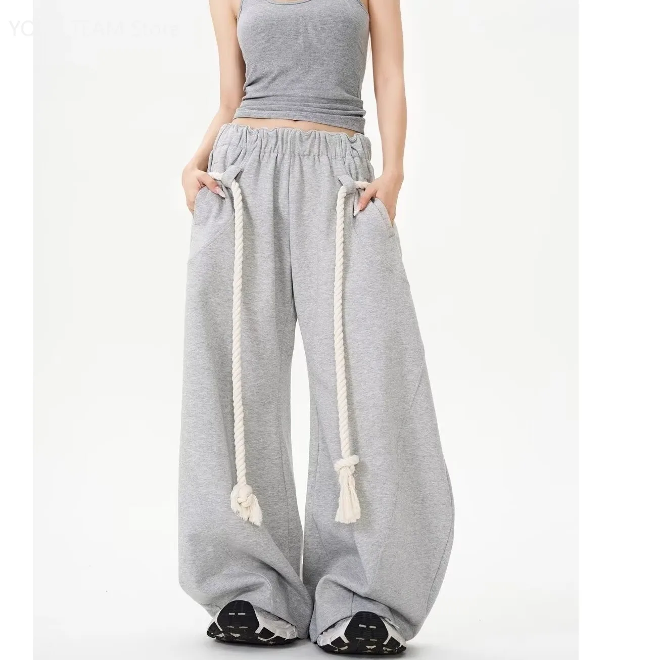 

Autumn Winter Women's Retro Drawstring Sweatpants Gray Wide Leg Loose Casual StraightLeg Pants Y2K Streetwear Baggy Trousers