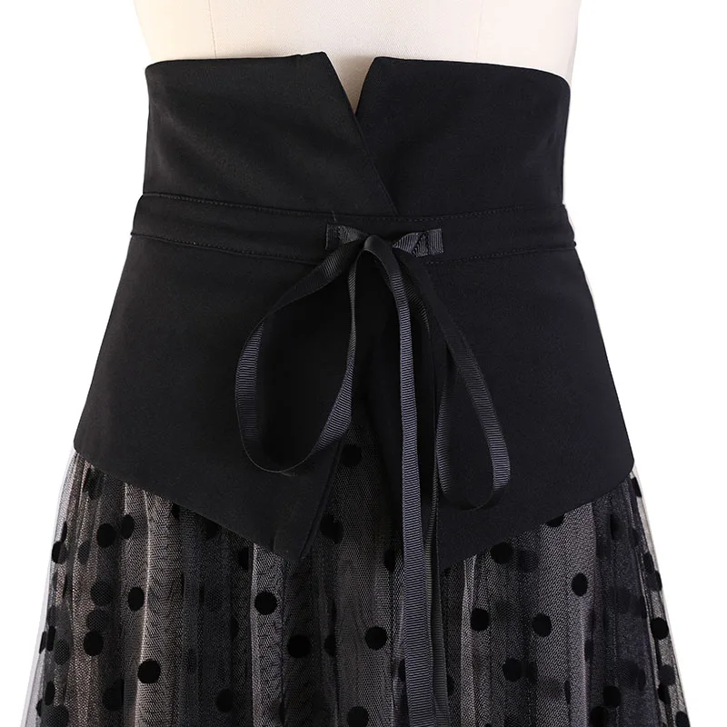 CHICEVER ภาษาฝรั่งเศสคํา Retro Dot พิมพ์ตาข่ายกระโปรงผู้หญิงสูงเอว Patchwork Lace Up Temperament ชุดราตรี Maxi กระโปรงหญิงใหม่