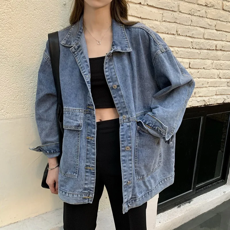 

Spring Autumn Women Coat Denim Jacket Hot Sale Harajuku Big Pockets Vintage Streetwear Student Turn-down Collar Casual Loose