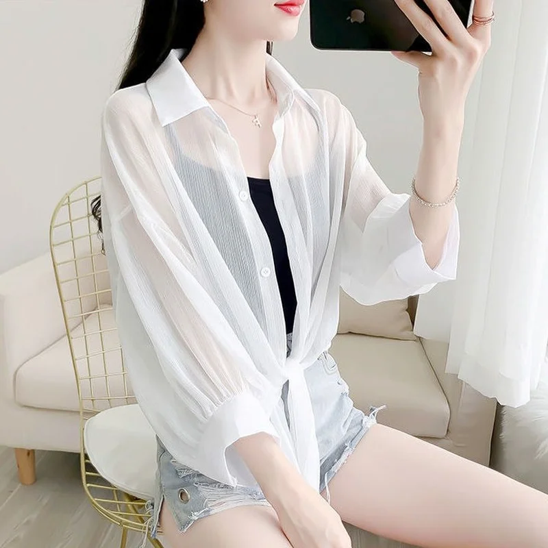 Sun-proof Shirts Women Summer S-3XL Simple Fashion Outerwear Thin Breathable Loose All-match Korean Style Ladies Femme Casual