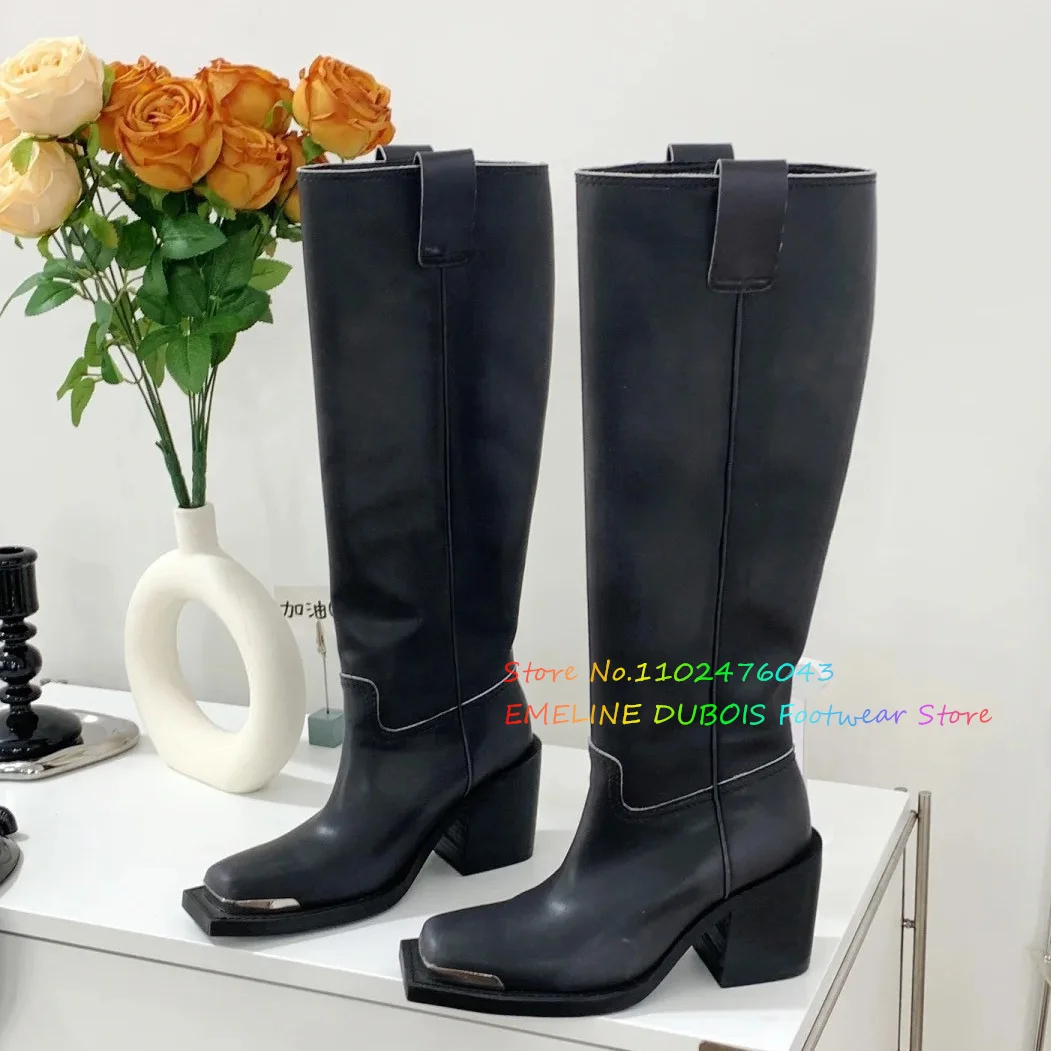 New Retro Metal Square Toe Chunky Heels Knight Boots Old-Made Real Leather Chelsea Boots Women Western Cowboy Knee High Boots