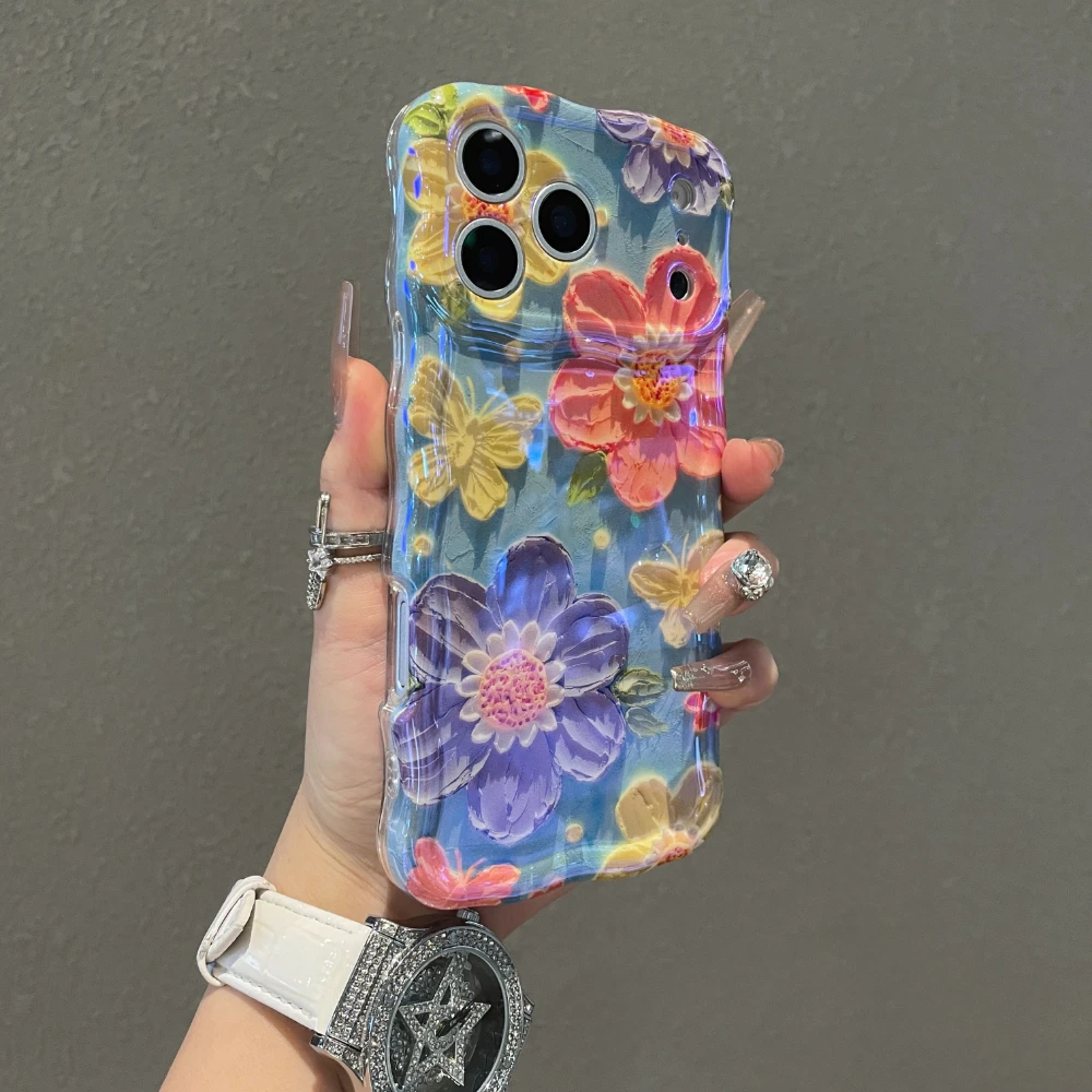

Luxury Laser Coloful Flowers Phone Case For iPhone 11 12 13 14 15 17 Pro Max 16 Plus Protection Shockproof Bumper Soft Cover