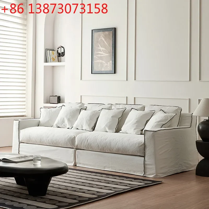 Wabi Silent Wind B & B French Cream Seeking Small Apartment Living Room Straight Row Removable Washing Linen Fabric Sofa Down