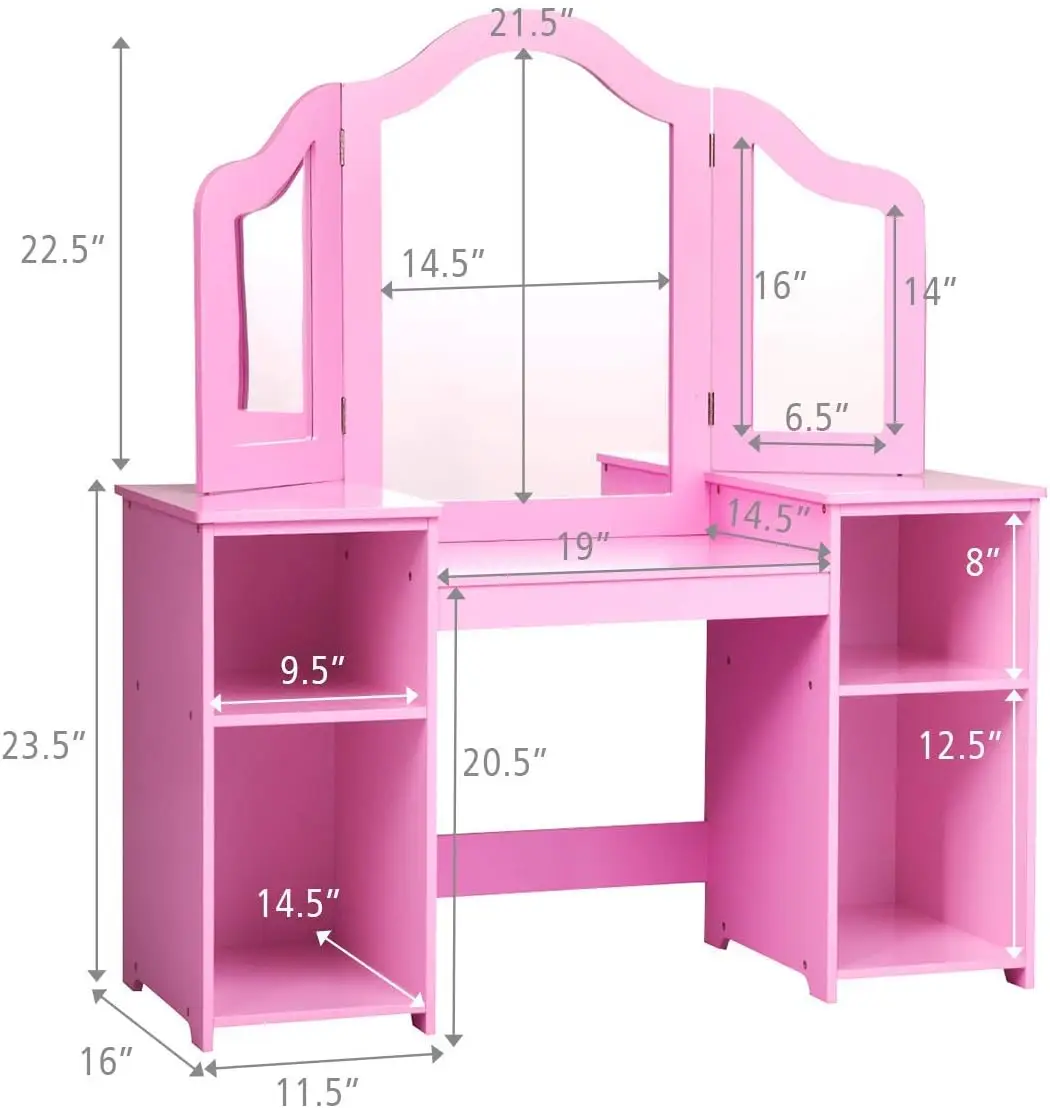 Kids 'Princess Makeup Desk, Penteadeira com Top Destacável, Toddler Vanity, Tri-Fold Mirror, Prateleira de Armazenamento, 2 em 1