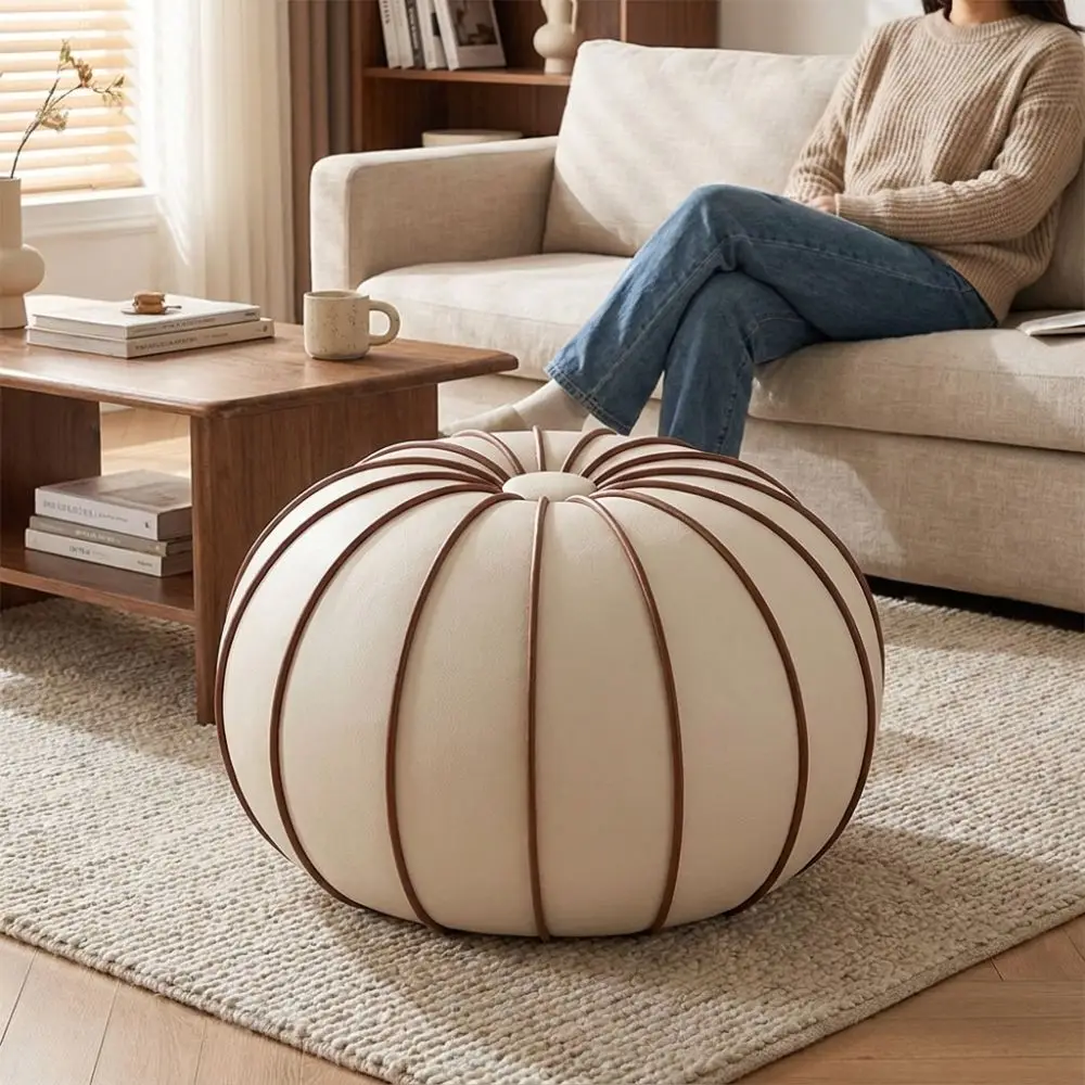 Modern PU Leather Pouf Ottoman Cover Large Capacity Unstuffed Pumpkin Pouf Cover Round Minimalist Shoe Stool Cover Home Use