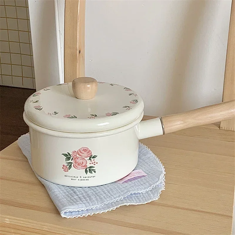 Enamel Milk Pan With Lid Vintage Pink Rose Kitchen Pots Offers Baby Food Pot Small Noodle Soup Pot Enamel Cookware Utensils