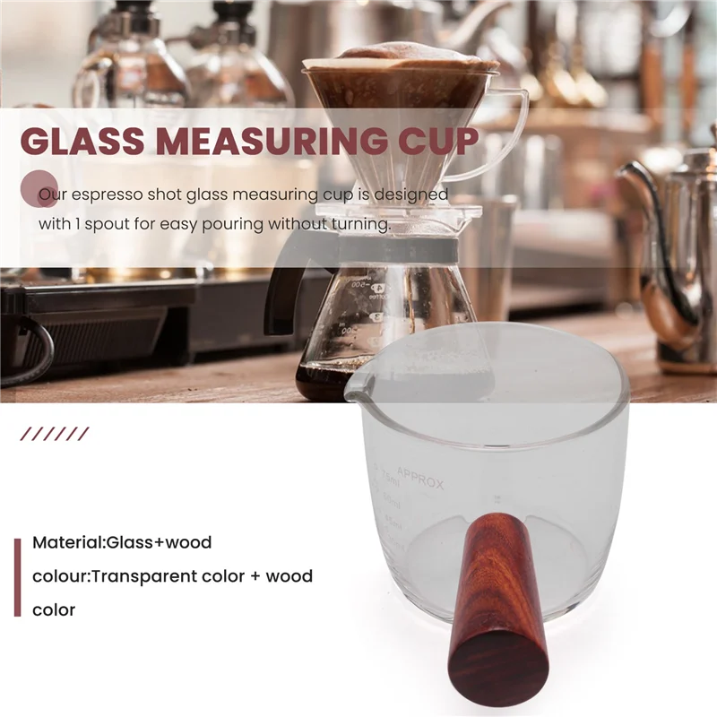 AC76-Glass Measuring Cup Espresso Shot Glass 75ML Triple Pitcher Barista Single Spouts With Wood Handle