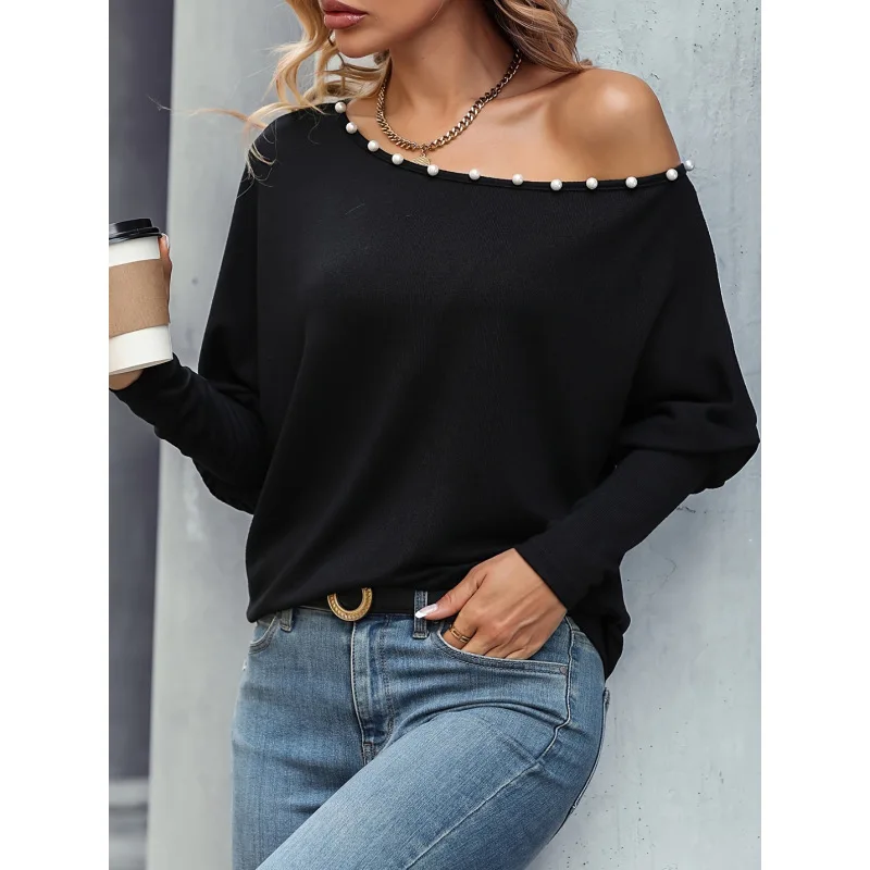 2023 New Autumn Fashion Pearl Oblique Neck Off Shoulder Long Sleeve Temperament Commuting Loose and Slim, Unique Women\'s Top