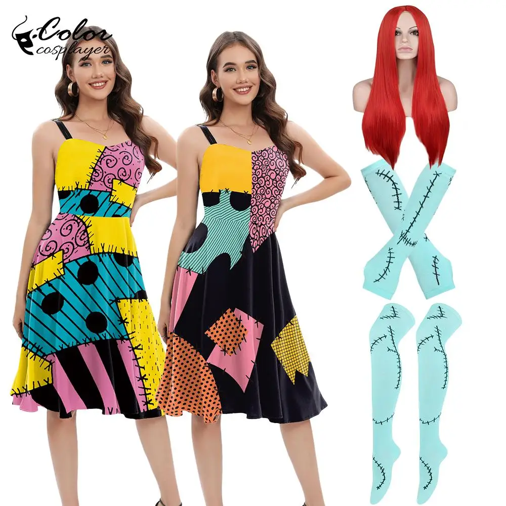 

New Sally Dress Halloween Cosplay Costume Fancy Slip Dress Sally Wig Socks Suit Christmas Movie Dress Up Carnival Party Outfit